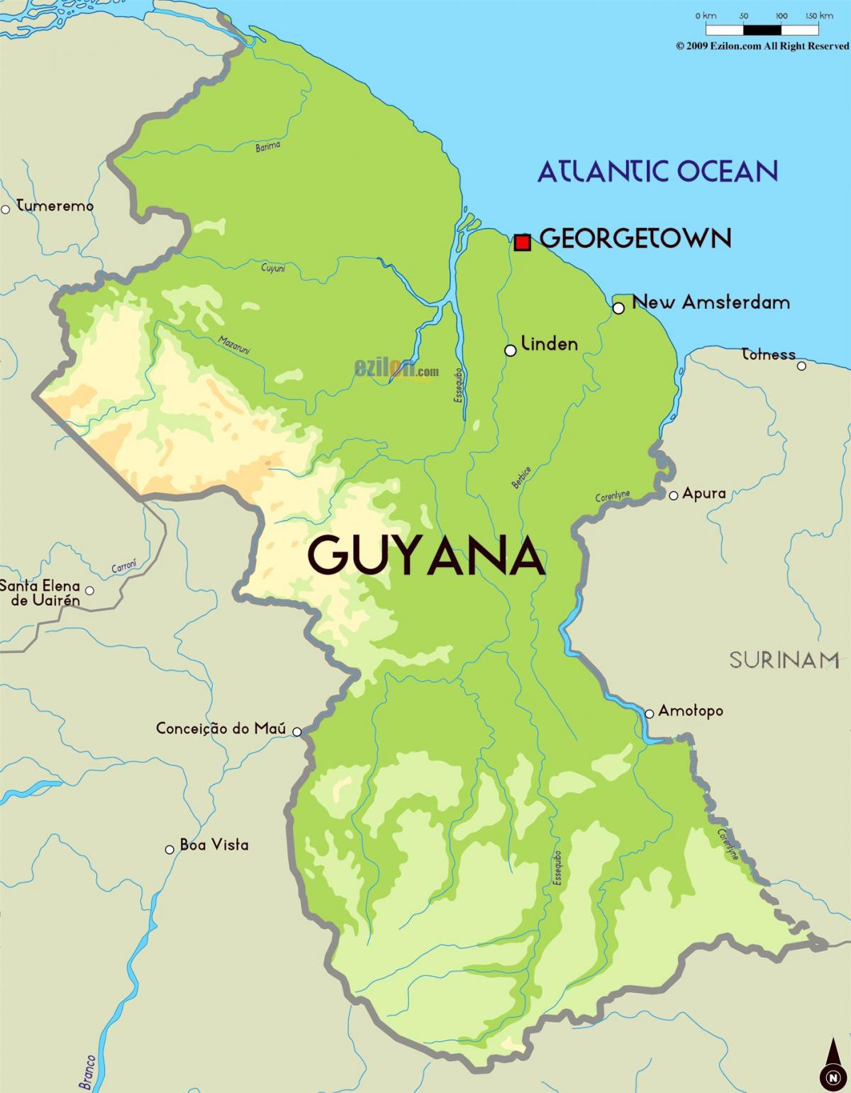 kaart van fysieke kaart van Guyana