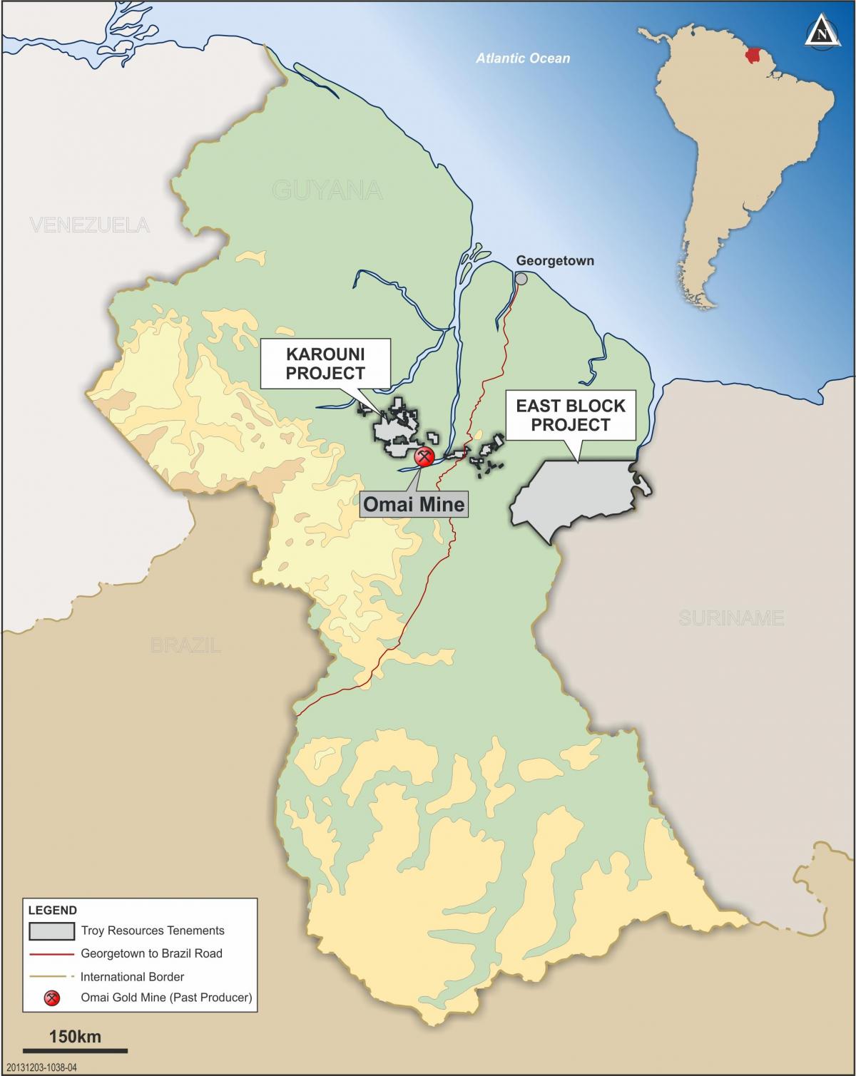 kaart van Guyana tonen van minerale grondstoffen