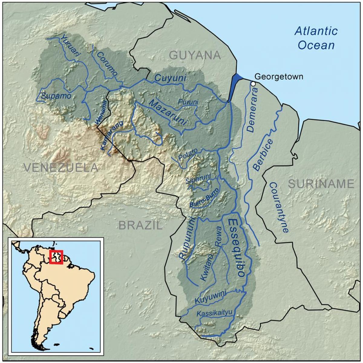 kaart van Guyana het tonen van de drie belangrijkste rivieren