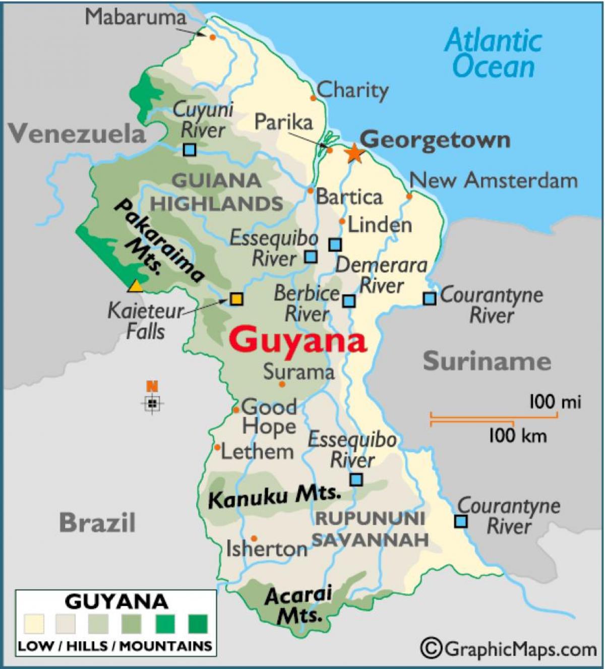 kaart van Guyana tonen bergketens