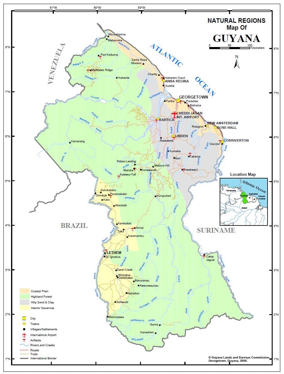 kaart van Guyana met natuurlijke middelen