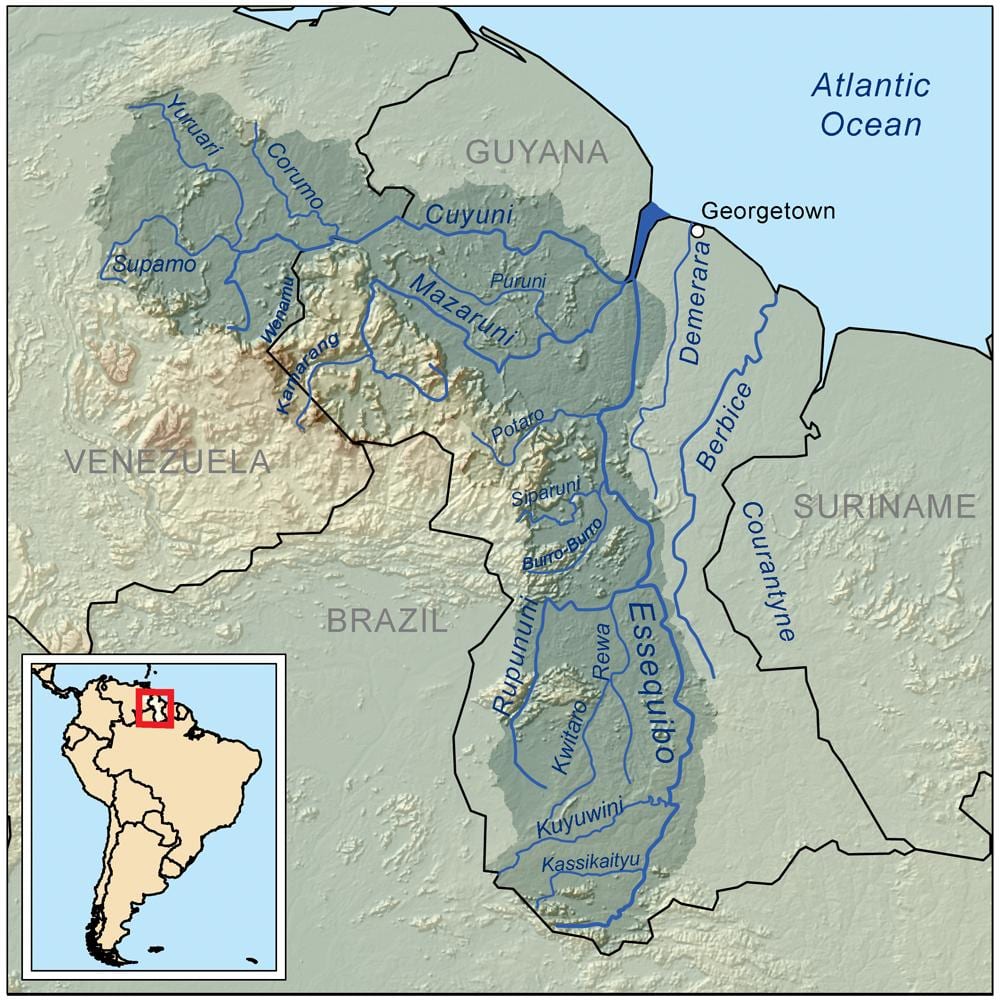kaart van Guyana het tonen van de rivieren