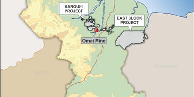 Kaart van Guyana tonen van minerale grondstoffen