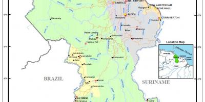 Kaart van Guyana het tonen van de 4 natuurlijke regio ' s
