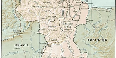 Kaart van Guyana waarin de drie provincies